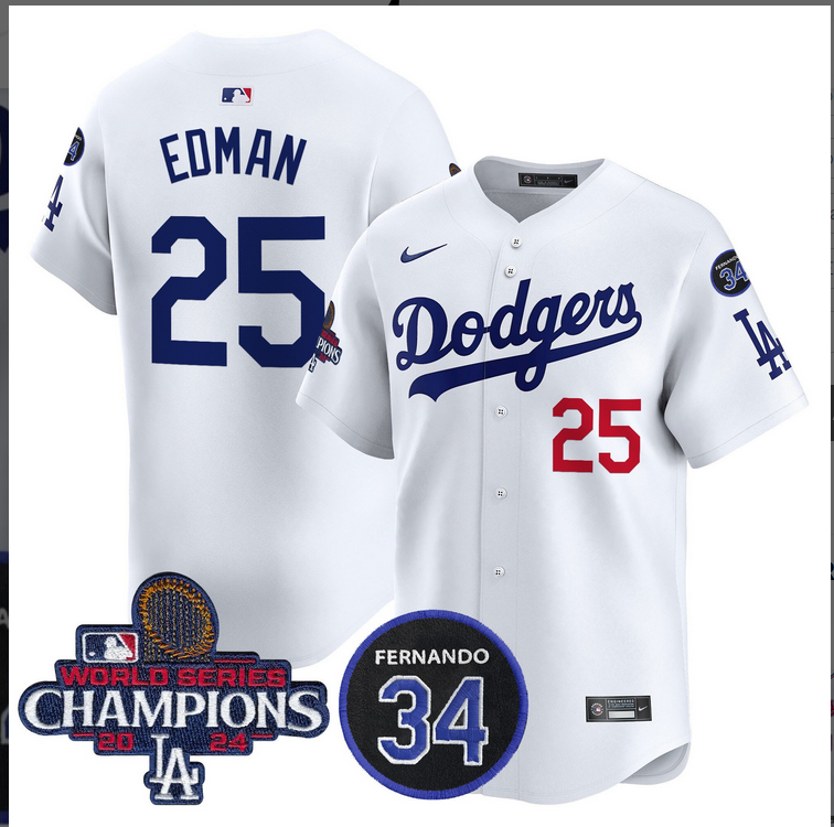 Men MLB Los Angeles Dodgers #25 Edman white 2024 World Series Champions Patch Limited Jersey->los angeles dodgers->MLB Jersey